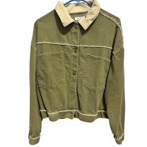Mod Ref Olive Jacket Size L Corduroy Collar Fringe Hem 100% Cotton